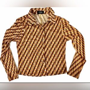 CIDER Women’s Long Sleeve Button Up Autumn Colors Geometrical Design Top Size XS